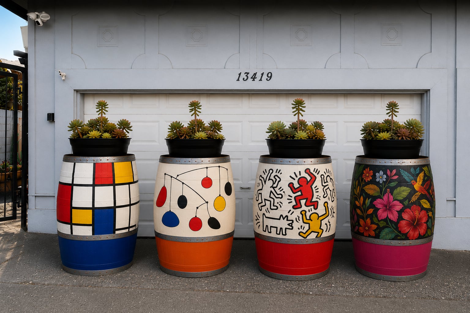 Same garage with four wine barrels painted in Mondrian, Calder, Haring, and Kahlo styles, topped with succulents — after